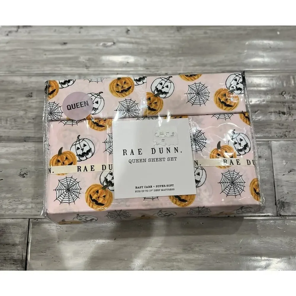Rae Dunn Halloween Queen Sheet Set Pink With Jack O Lanterns Festive Spooky New